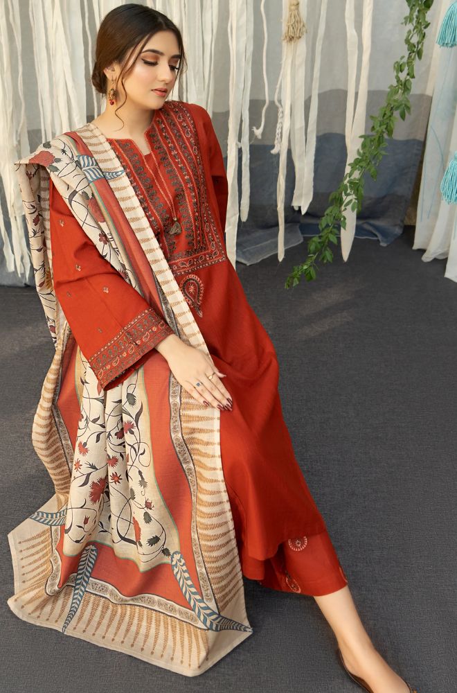 URGE - 3PC DHANAK EMBROIDERED SHIRT WITH COUTURE WOOL PRINT SHAWL AND TROUSER-W.J-1183