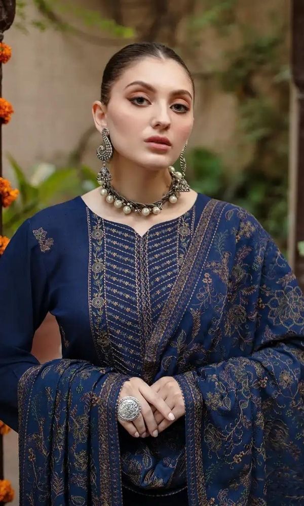 BAREEZE - 3PC DHANAK EMBROIDERED SHIRT WITH DHANAK EMBROIDERED SHAWL AND TROUSER -W.J-1781