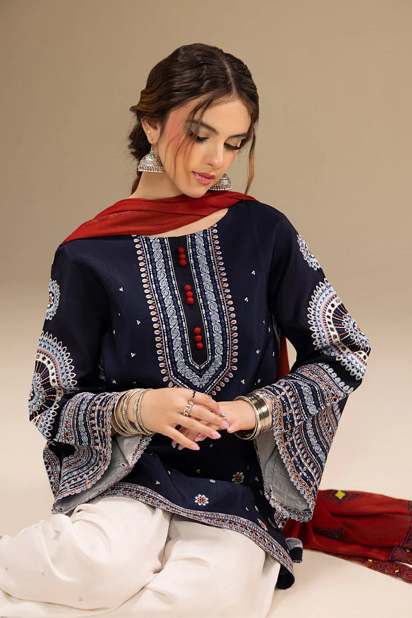 JAZMIN-3PC DHANAK EMBROIDERED SHIRT WITH CORTRAI WOOL PRINTED SHAWL AND EMB TROUSER-W.J-1789