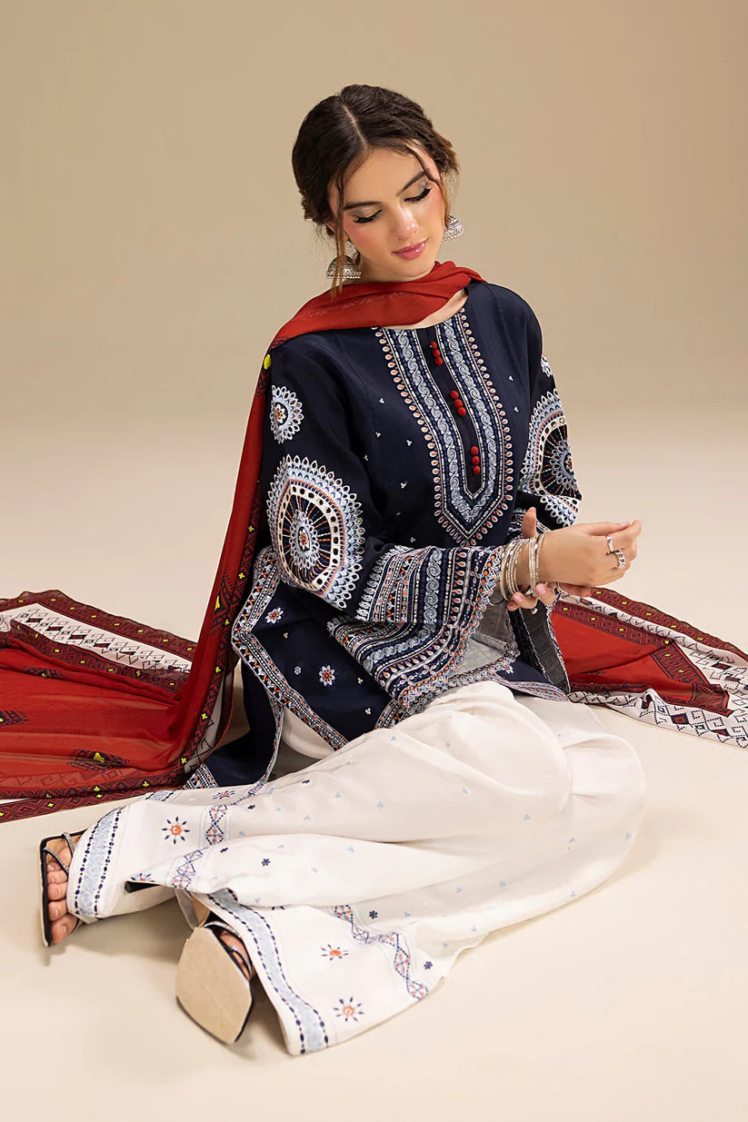 JAZMIN-3PC DHANAK EMBROIDERED SHIRT WITH CORTRAI WOOL PRINTED SHAWL AND EMB TROUSER-W.J-1789