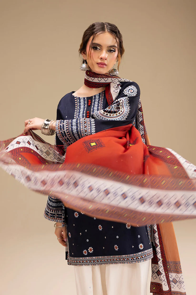 JAZMIN-3PC DHANAK EMBROIDERED SHIRT WITH CORTRAI WOOL PRINTED SHAWL AND EMB TROUSER-W.J-1789