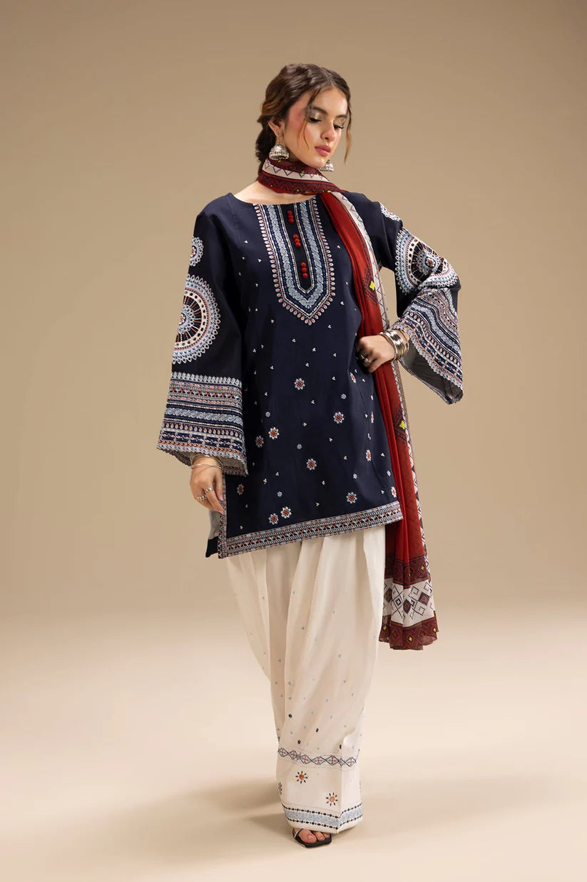 JAZMIN-3PC DHANAK EMBROIDERED SHIRT WITH CORTRAI WOOL PRINTED SHAWL AND EMB TROUSER-W.J-1789