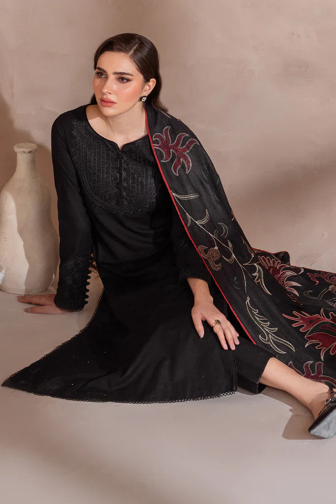 IZNIK-3PC DHANAK EMBROIDERED SHIRT WITH DHANAK EMBROIDERED SHAWL & TROUSER-W.J-1319
