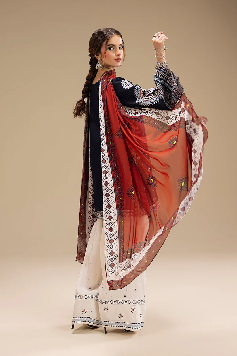 JAZMIN-3PC DHANAK EMBROIDERED SHIRT WITH CORTRAI WOOL PRINTED SHAWL AND EMB TROUSER-W.J-1789