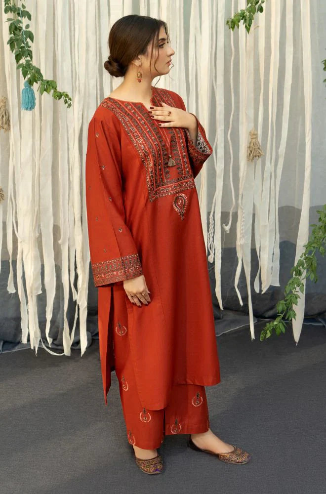 URGE - 3PC DHANAK EMBROIDERED SHIRT WITH COUTURE WOOL PRINT SHAWL AND TROUSER-W.J-1183
