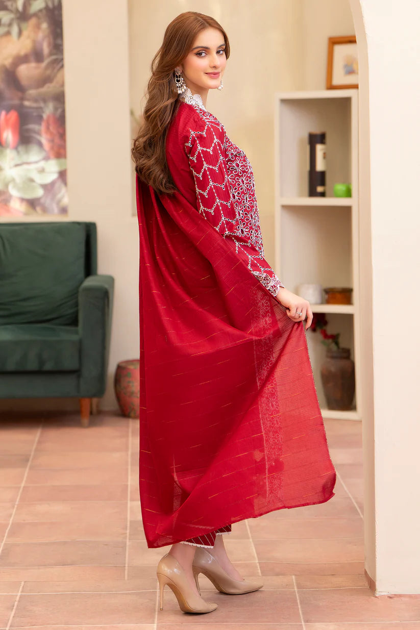 MIRAKHI-3PC LAWN CHIKENKARI EMBROIDERED SHIRT WITH LAWN TUBE SLUB DUPATTA-W.J-1693