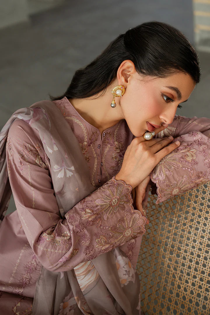 IZNIK-3PC DHANAK EMBROIDERED SHIRT WITH COUTRAI PRINTED SHAWL AND TROUSER-W.J-1805
