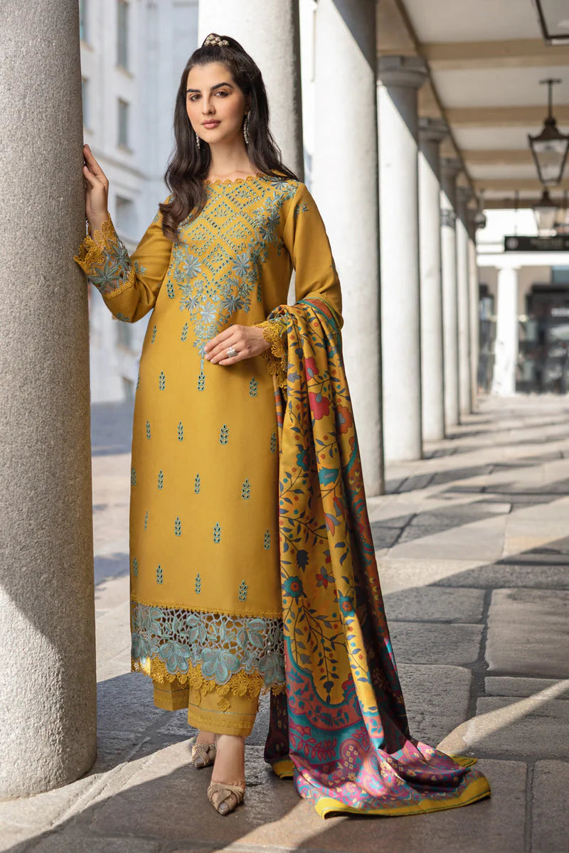 RANG RASIYA-3PC DHANAK EMBROIDERED SHIRT WITH COURTRAI PRINTED SHAWL AND TROUSER-W.J-1358