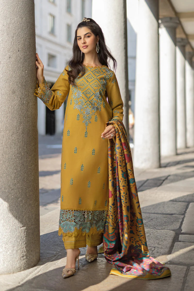 RANG RASIYA-3PC DHANAK EMBROIDERED SHIRT WITH COURTRAI PRINTED SHAWL AND TROUSER-W.J-1358