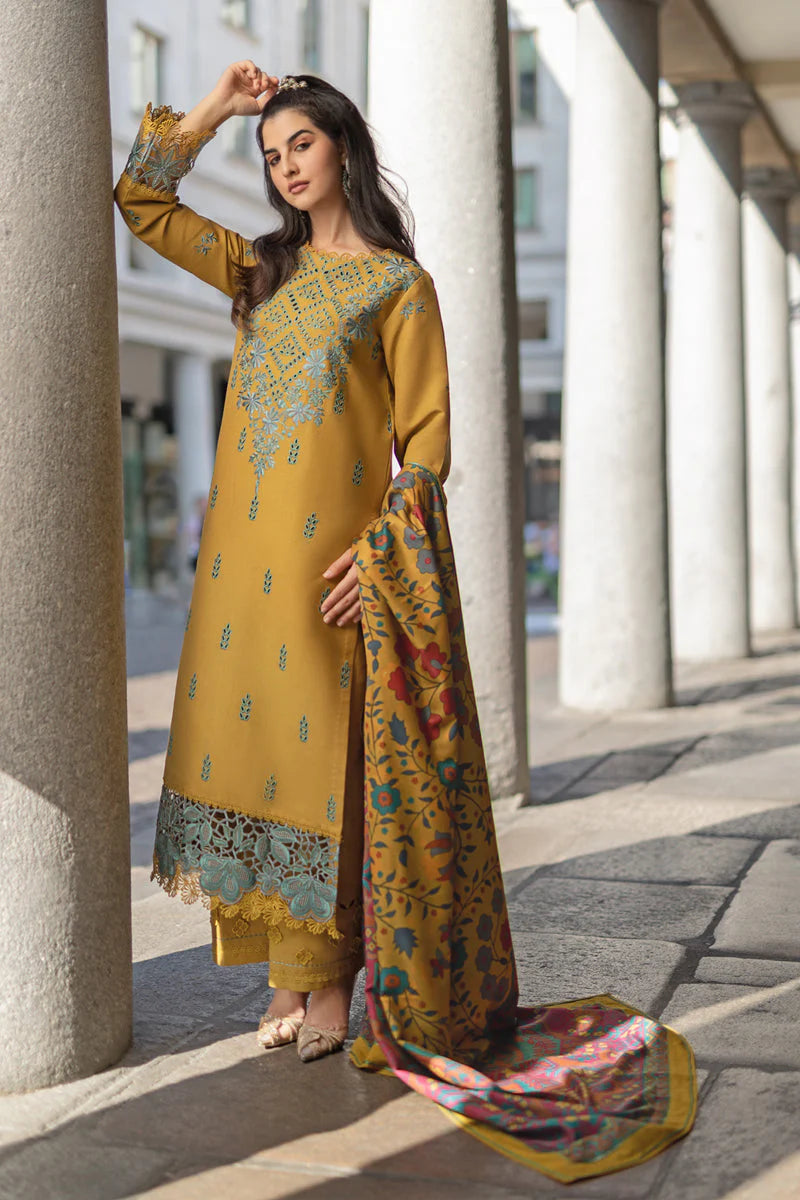 RANG RASIYA-3PC DHANAK EMBROIDERED SHIRT WITH COURTRAI PRINTED SHAWL AND TROUSER-W.J-1358