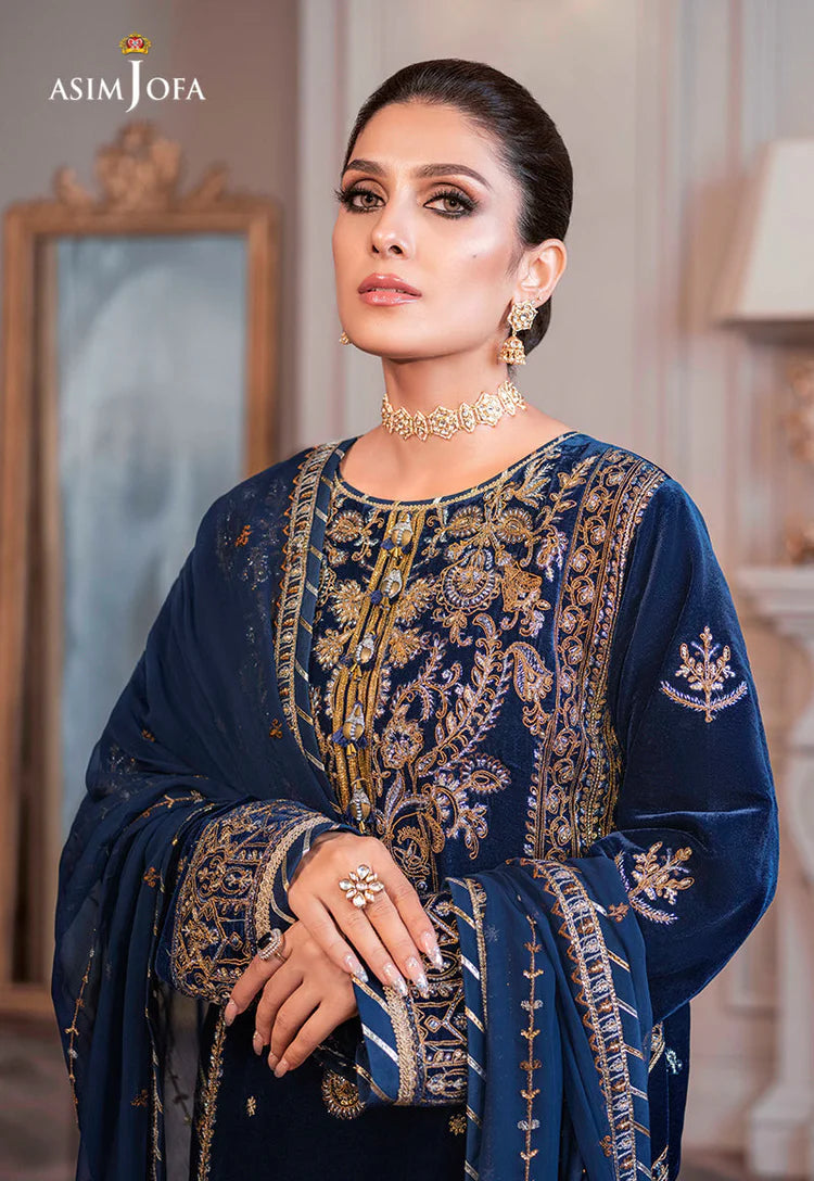 ASIM JOFA-3PC VELVET EMBROIDERED SHIRT WITH CHIFFON EMBROIDERED DUPATTA & TROUSER-W.J-2029