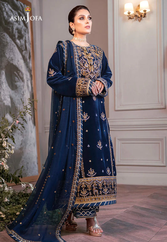 ASIM JOFA-3PC VELVET EMBROIDERED SHIRT WITH CHIFFON EMBROIDERED DUPATTA & TROUSER-W.J-2029