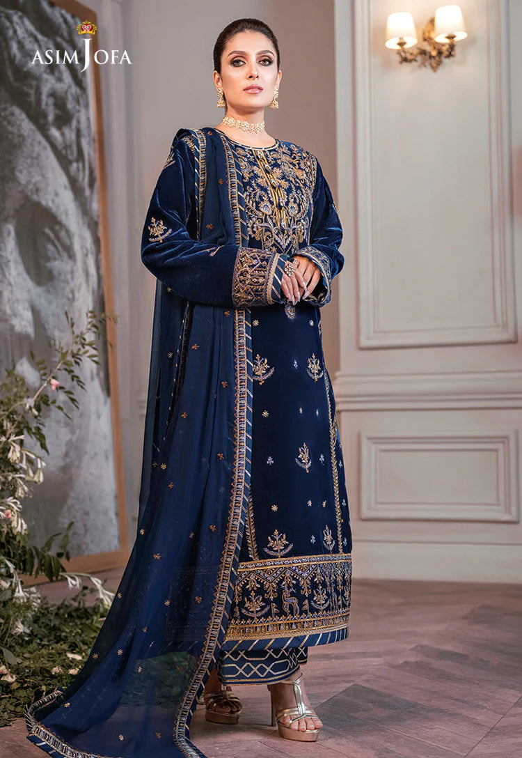 ASIM JOFA-3PC VELVET EMBROIDERED SHIRT WITH CHIFFON EMBROIDERED DUPATTA & TROUSER-W.J-2029