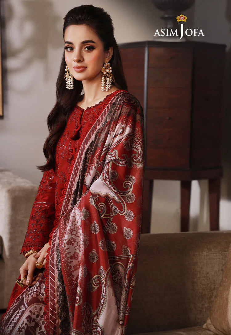 ASIM JOFA-3PC DHANAK SEQUIN EMBROIDRED SHIRT WITH COURTRAI PRINTED SHAWL AND TROUSER-WJ-1937