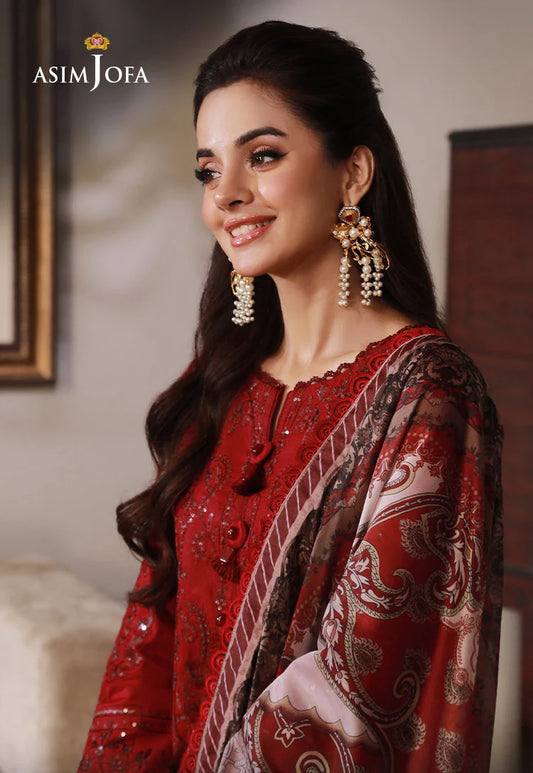 ASIM JOFA-3PC DHANAK SEQUIN EMBROIDRED SHIRT WITH COURTRAI PRINTED SHAWL AND TROUSER-WJ-1937