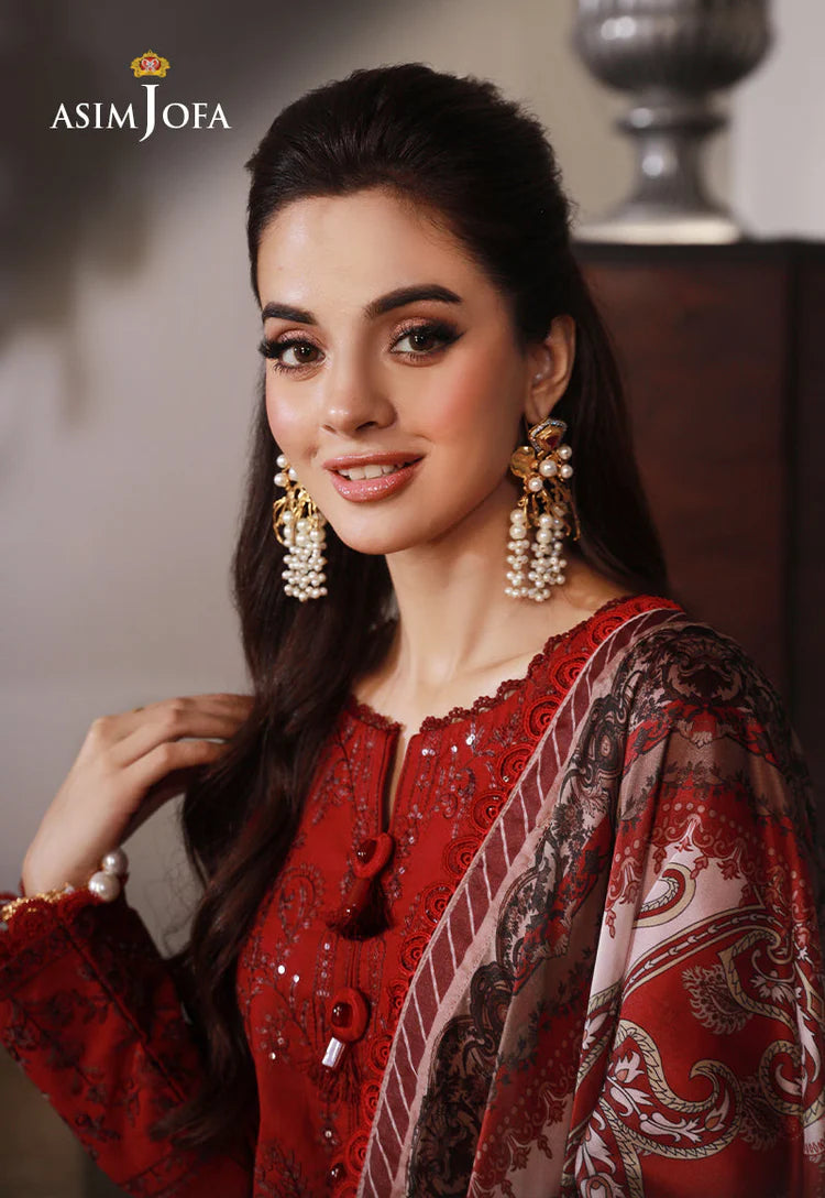 ASIM JOFA-3PC DHANAK SEQUIN EMBROIDRED SHIRT WITH COURTRAI PRINTED SHAWL AND TROUSER-WJ-1937