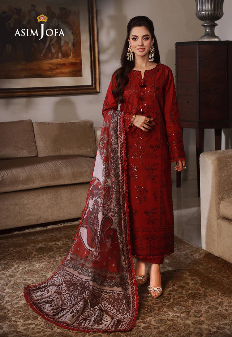 ASIM JOFA-3PC DHANAK SEQUIN EMBROIDRED SHIRT WITH COURTRAI PRINTED SHAWL AND TROUSER-WJ-1937