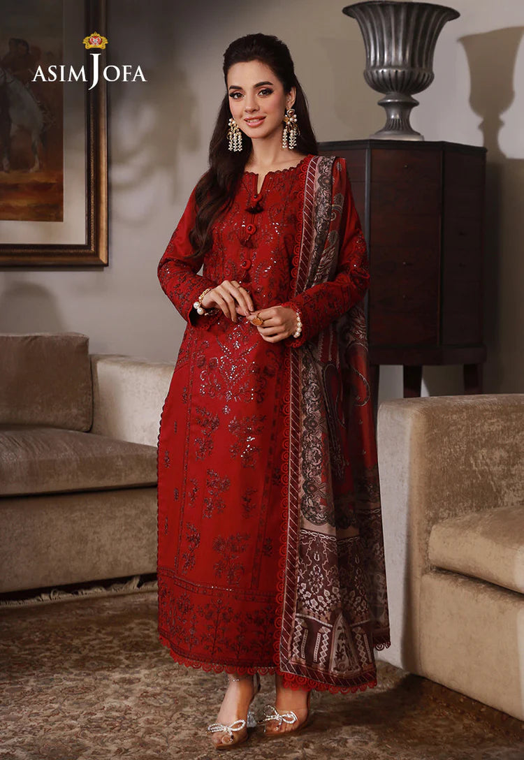 ASIM JOFA-3PC DHANAK SEQUIN EMBROIDRED SHIRT WITH COURTRAI PRINTED SHAWL AND TROUSER-WJ-1937