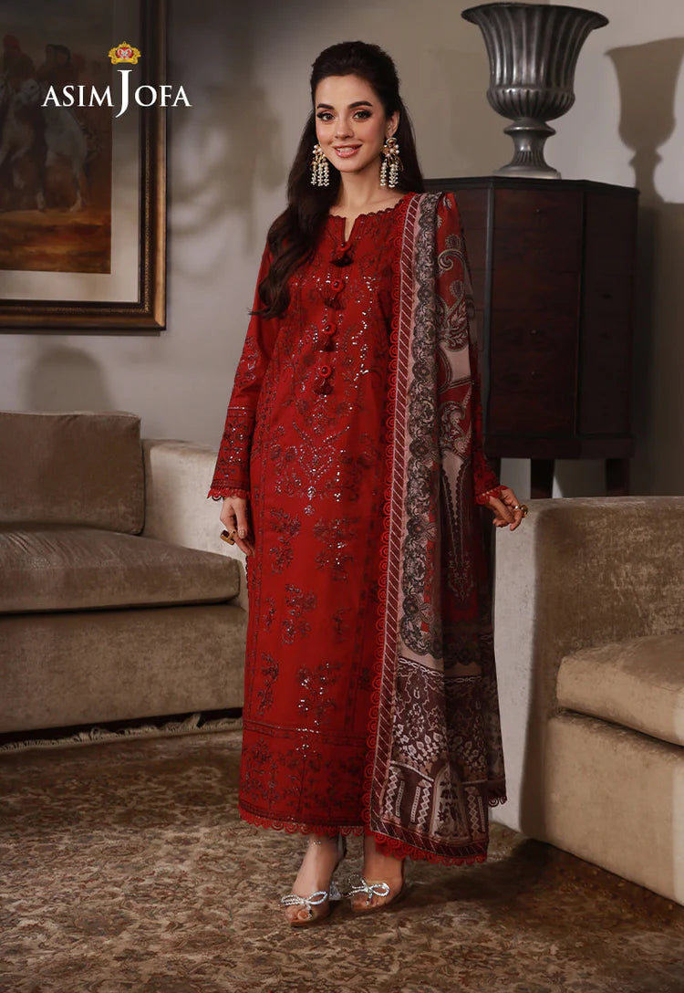 ASIM JOFA-3PC DHANAK SEQUIN EMBROIDRED SHIRT WITH COURTRAI PRINTED SHAWL AND TROUSER-WJ-1937