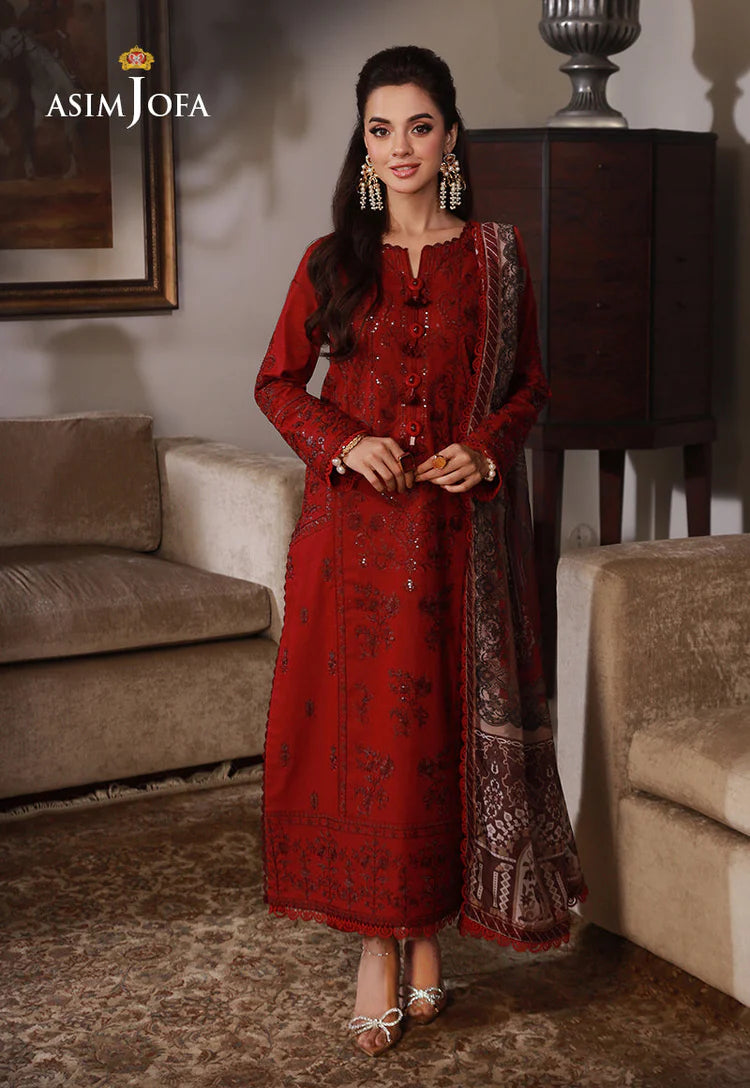 ASIM JOFA-3PC DHANAK SEQUIN EMBROIDRED SHIRT WITH COURTRAI PRINTED SHAWL AND TROUSER-WJ-1937