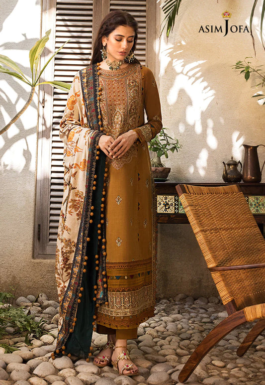 ASIM JOFA-3PC DHANAK EMBROIDERED SHIRT WITH COURTRAI PRINTED SHAWL & TROUSR-W.J-1042