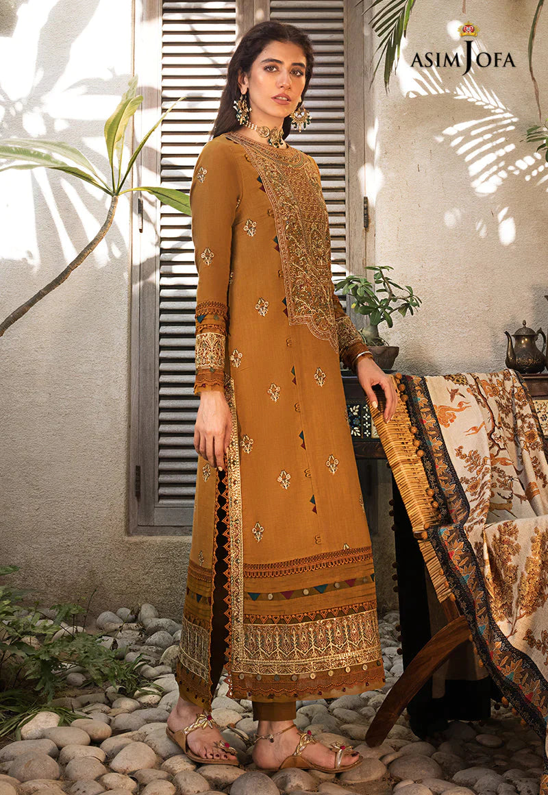 ASIM JOFA-3PC DHANAK EMBROIDERED SHIRT WITH COURTRAI PRINTED SHAWL & TROUSR-W.J-1042