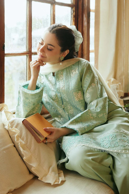 ZARA SHAHJAHAN-3PC DHANAK EMBROIDERED SHIRT WITH CORTRAI WOOL PRINTED SHAWL AND EMB TROUSER -W.J-1789