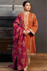 ZARASHAHJAHAN-3PC DHANAK EMBROIDERED SHIRT WITH WOOL PRINTED SHAWL AND TROUSER-W.J-4121