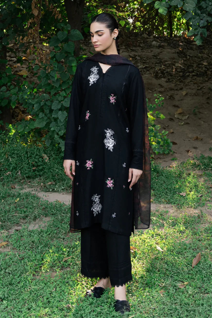ZIVA - 3PC DHANAK EMBROIDERED SHIRT WITH TWILL PRINTED SHAWL & TROUSER-W.J-1791