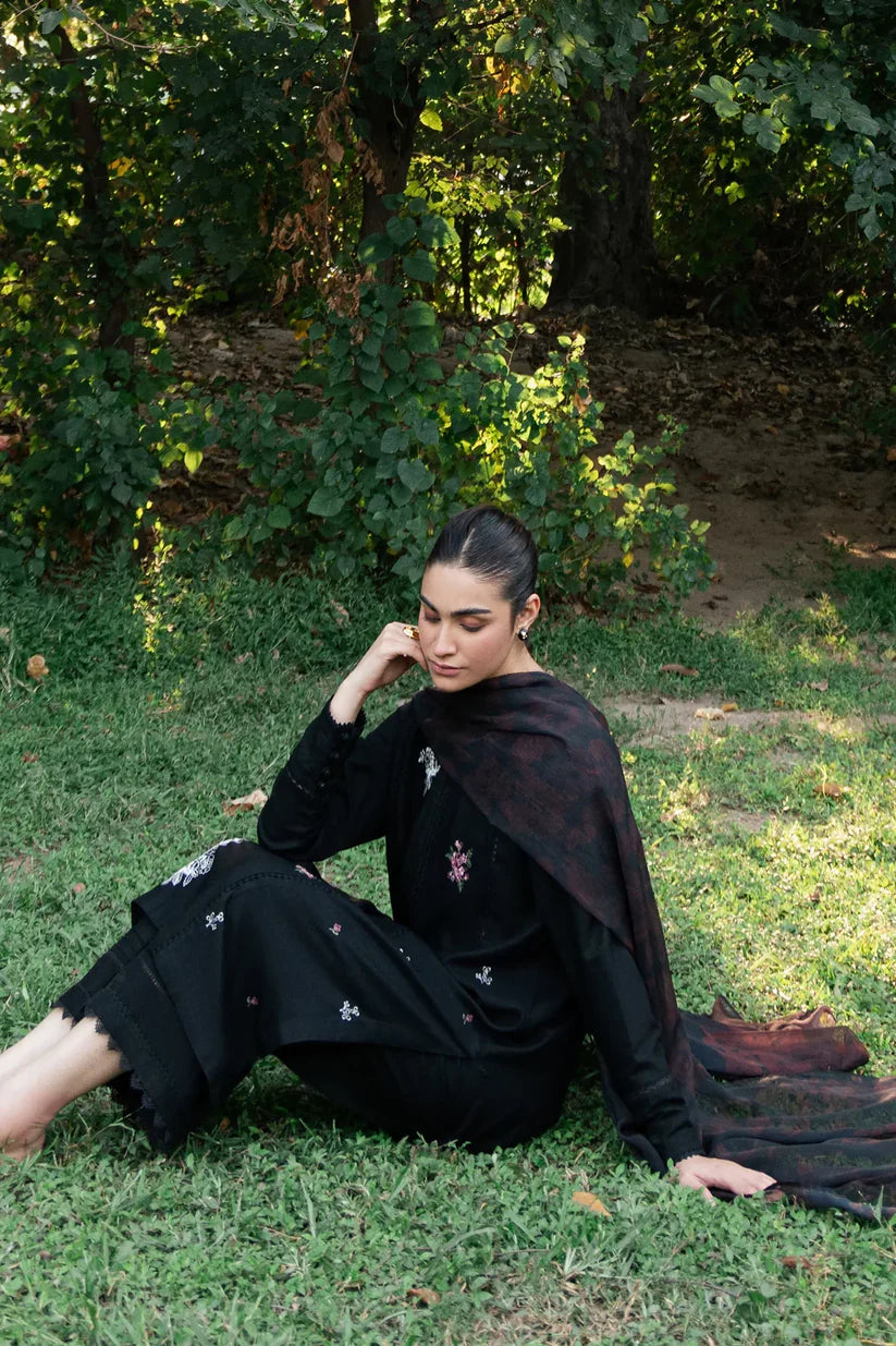 ZIVA - 3PC DHANAK EMBROIDERED SHIRT WITH TWILL PRINTED SHAWL & TROUSER-W.J-1791