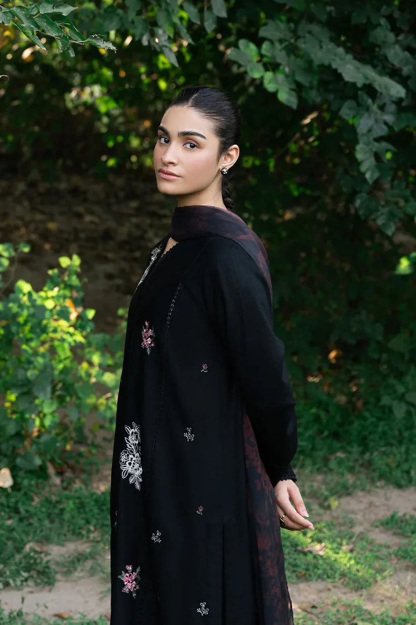 ZIVA - 3PC DHANAK EMBROIDERED SHIRT WITH TWILL PRINTED SHAWL & TROUSER-W.J-1791