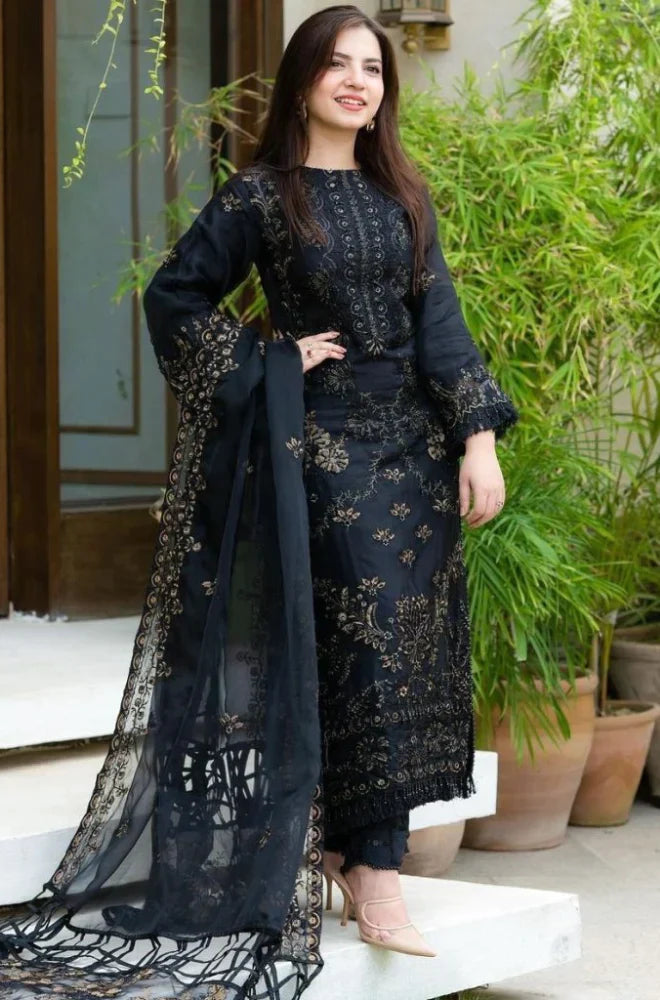 DANANEER-3PC KHADDAR EMBROIDERED SHIRT WITH CHIFFON EMBROIDERED DUPATTA & TROUSER-W.J-1125