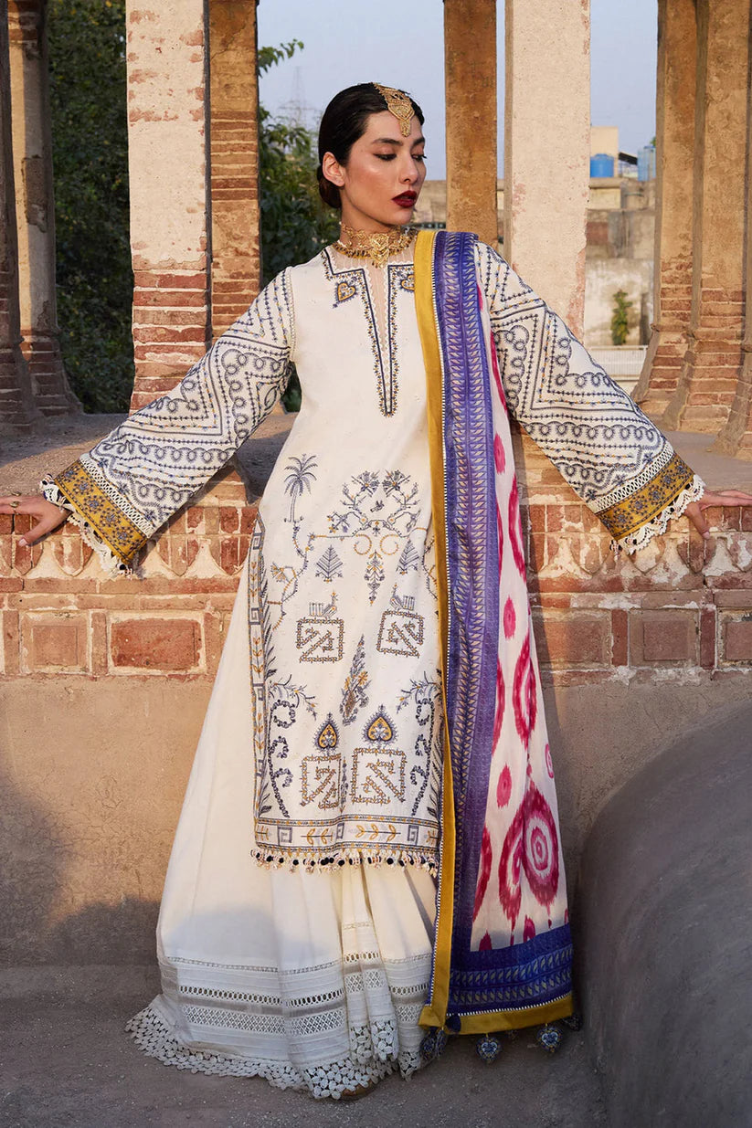 HUSSAIN REHAR--3PC KHADDAR HEAVY EMBROIDERED SHIRT WITH COURTRAI WOOL PRINT SHAWL AND TROUSER-W.J-1830