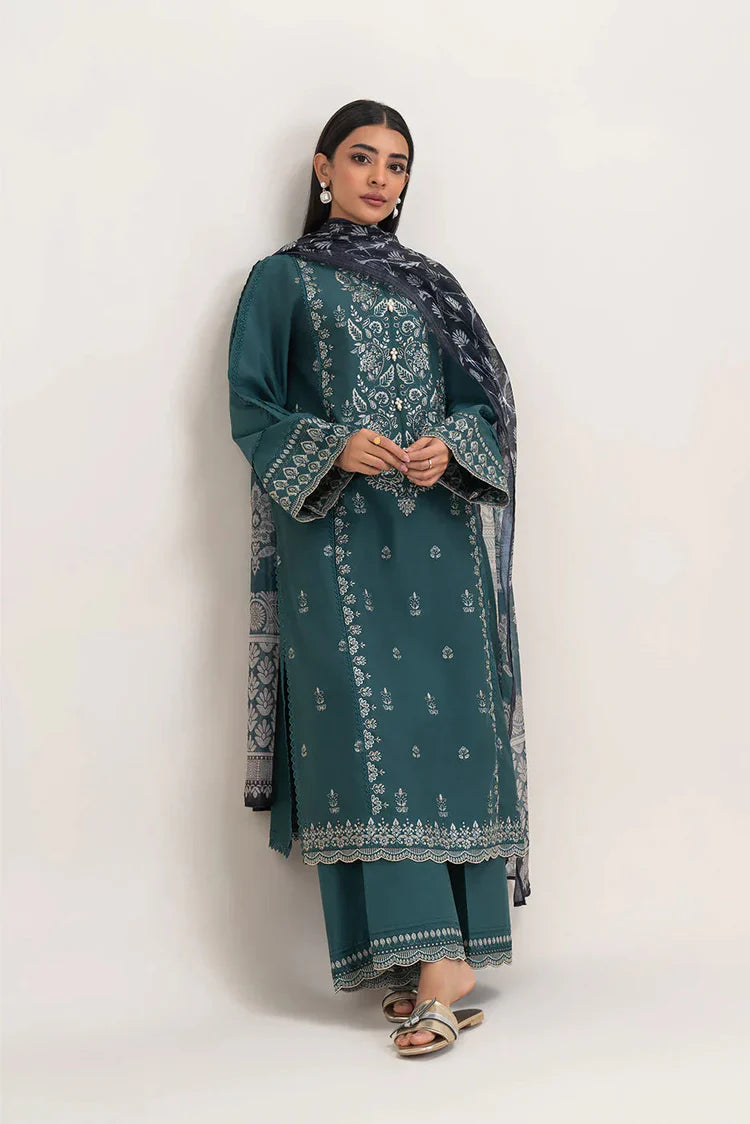 BEECHTREE-3PC DHANAK EMBROIDERED SHIRT WITH COURTRAI PRINTED SHAWL AND EMB TROUSER-W.J-1987