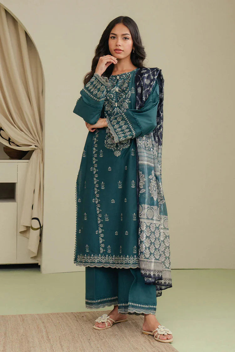 BEECHTREE-3PC DHANAK EMBROIDERED SHIRT WITH COURTRAI PRINTED SHAWL AND EMB TROUSER-W.J-1987