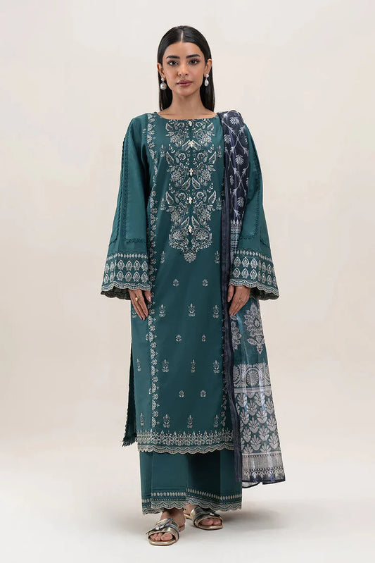 BEECHTREE-3PC DHANAK EMBROIDERED SHIRT WITH COURTRAI PRINTED SHAWL AND EMB TROUSER-W.J-1987