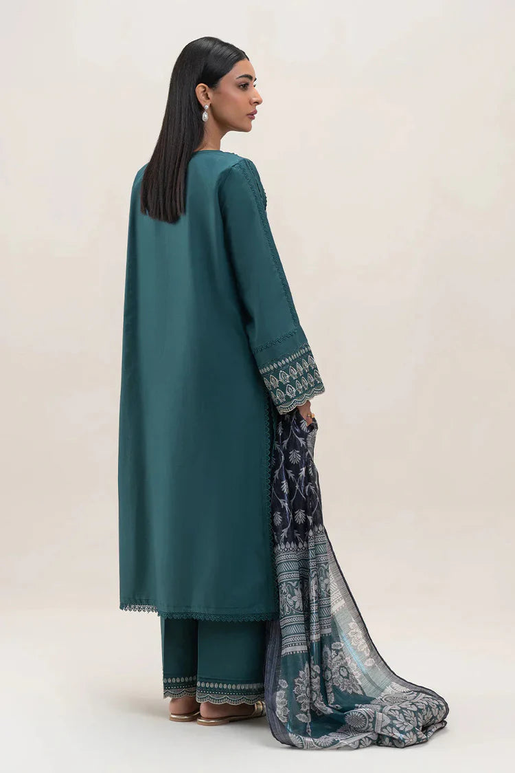 BEECHTREE-3PC DHANAK EMBROIDERED SHIRT WITH COURTRAI PRINTED SHAWL AND EMB TROUSER-W.J-1987