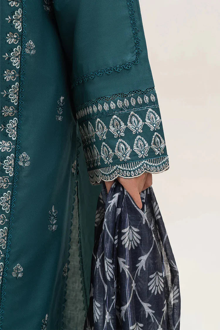 BEECHTREE-3PC DHANAK EMBROIDERED SHIRT WITH COURTRAI PRINTED SHAWL AND EMB TROUSER-W.J-1987