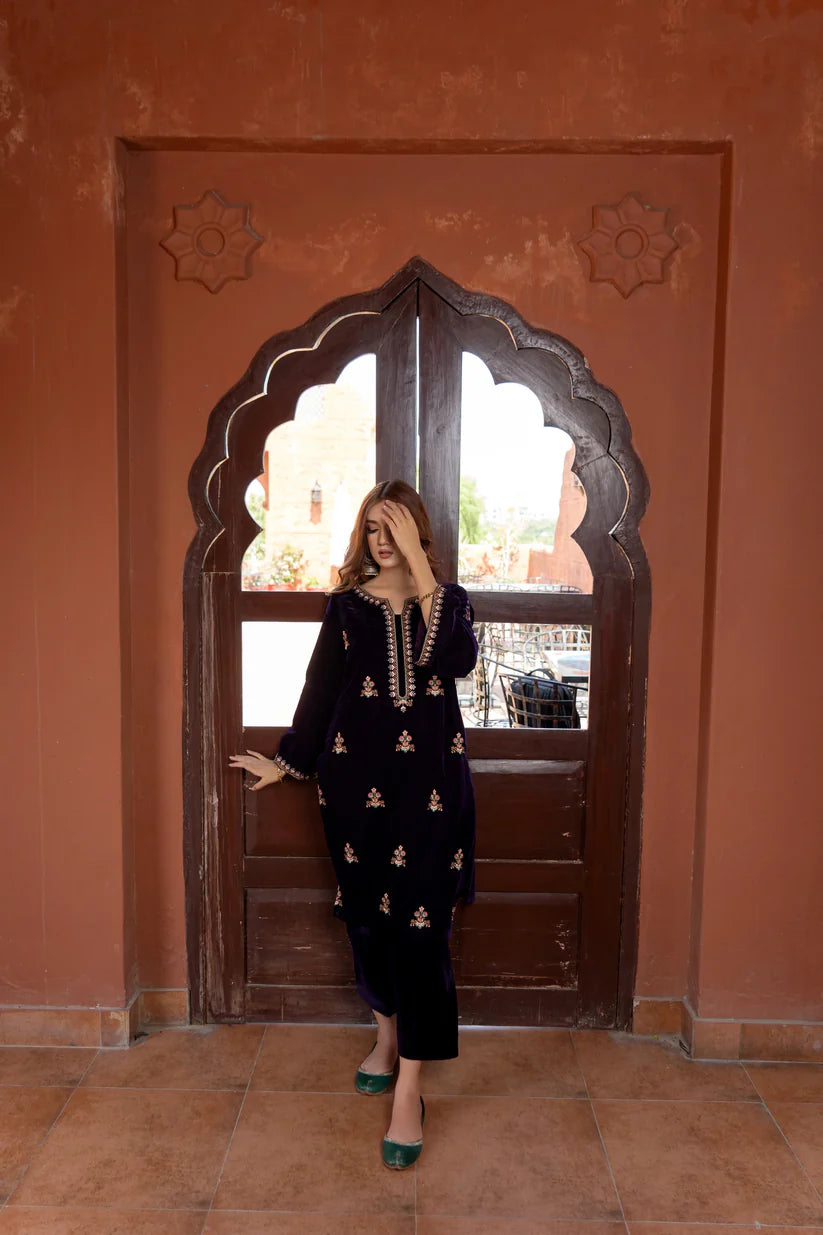 URGE - 2PC VELVET HEAVT EMBROIDERED SHIRT WITH VELEVT EMBROIDERED SLEEVES & VELVET TROUSER-D22 MICROO 9000-W.J-1790