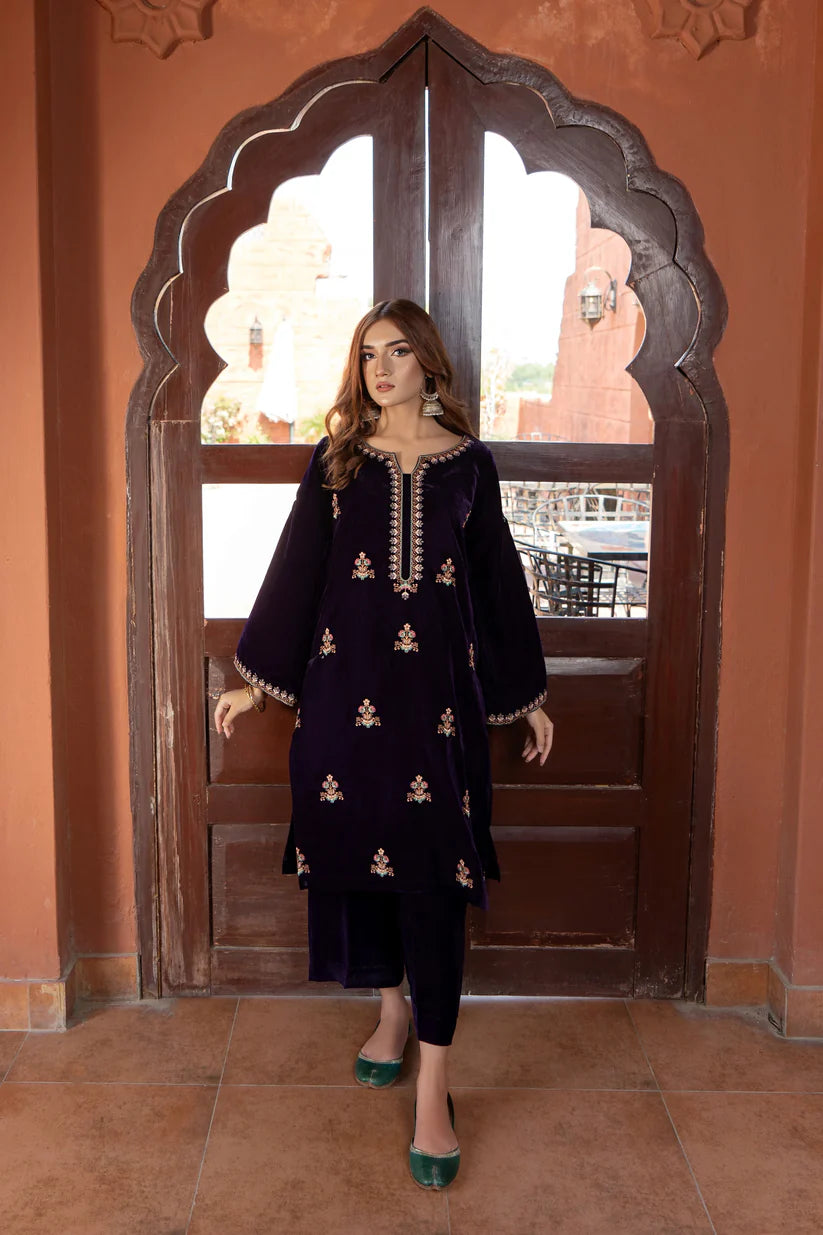 URGE - 2PC VELVET HEAVT EMBROIDERED SHIRT WITH VELEVT EMBROIDERED SLEEVES & VELVET TROUSER-D22 MICROO 9000-W.J-1790