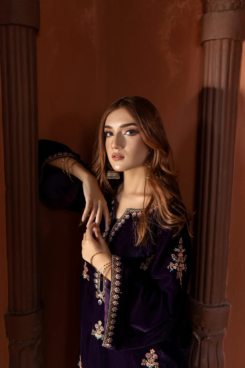 URGE - 2PC VELVET HEAVT EMBROIDERED SHIRT WITH VELEVT EMBROIDERED SLEEVES & VELVET TROUSER-D22 MICROO 9000-W.J-1790