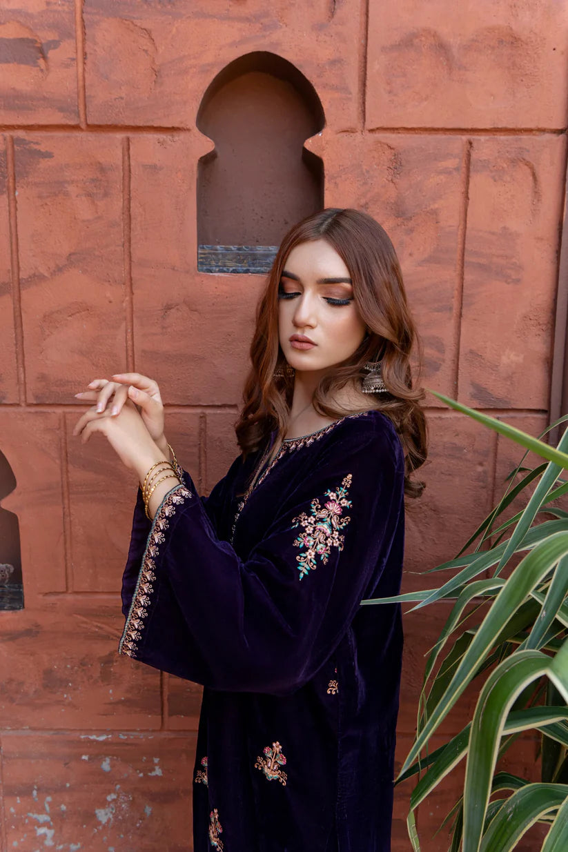 URGE - 2PC VELVET HEAVT EMBROIDERED SHIRT WITH VELEVT EMBROIDERED SLEEVES & VELVET TROUSER-D22 MICROO 9000-W.J-1790