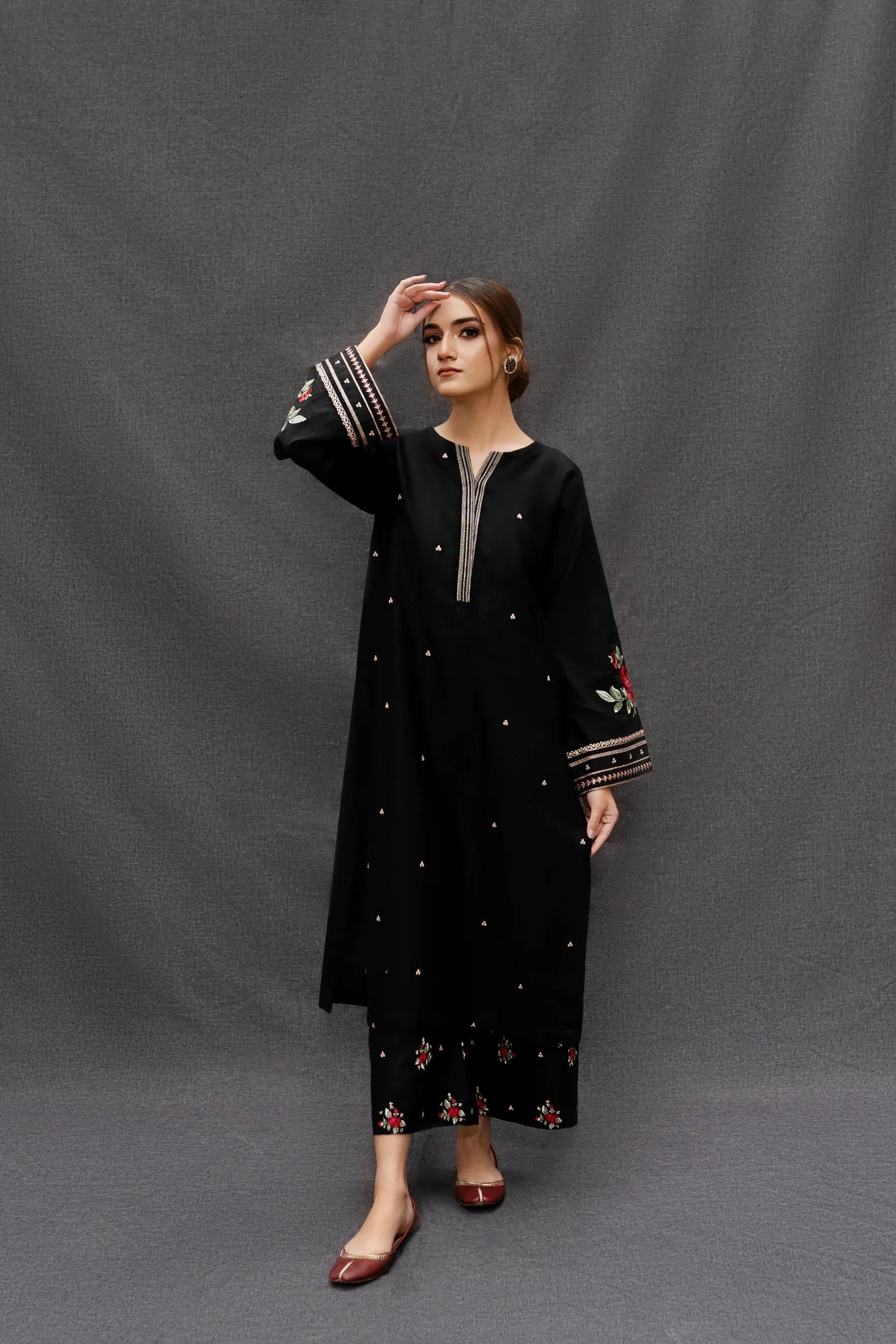 URGE-3PC DHANAK EMBROIDERED SHIRT WITH COUTRAI PRINTED SHAWL AND EMB TROUSER-W.J-1483