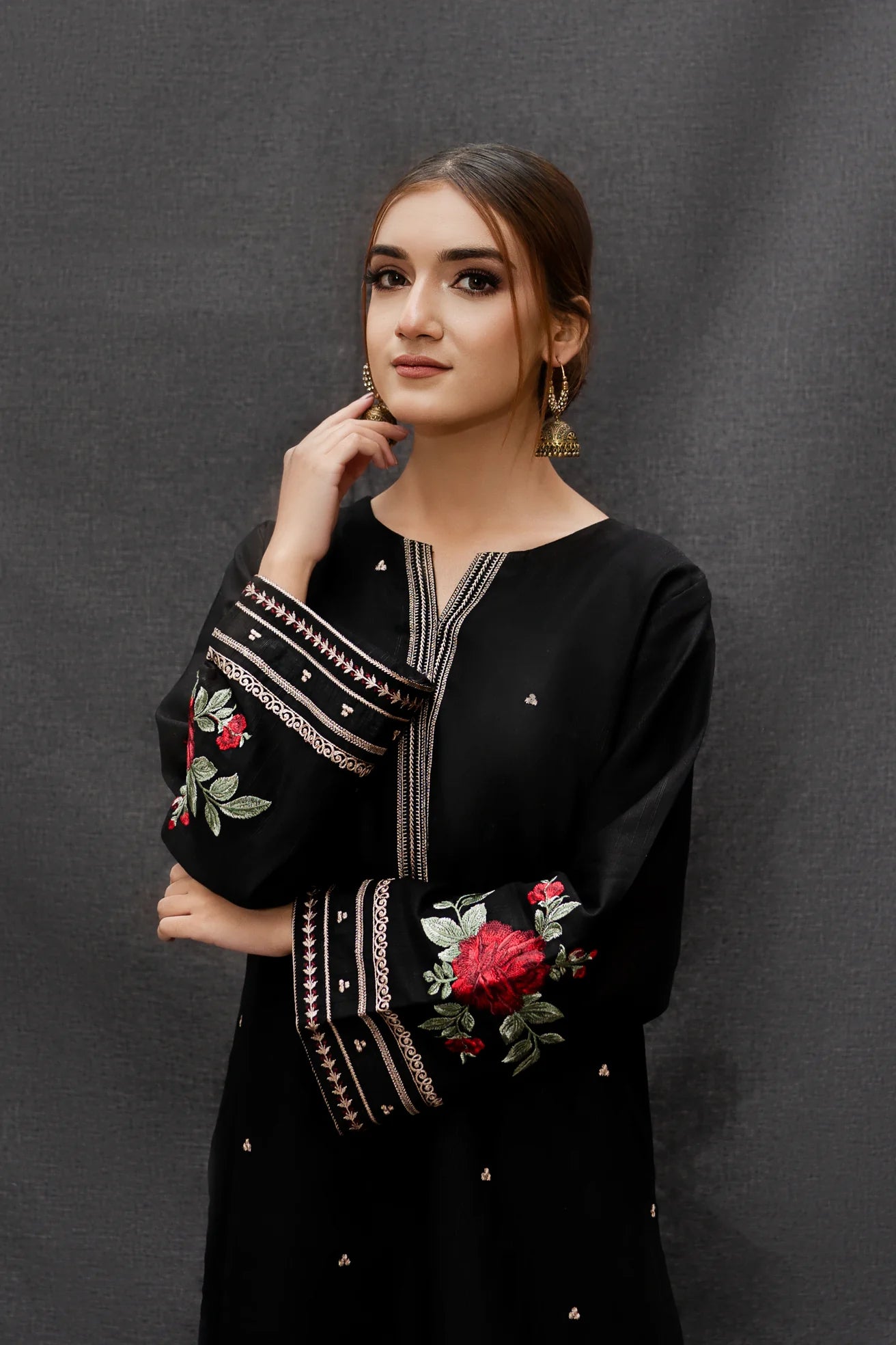 URGE-3PC DHANAK EMBROIDERED SHIRT WITH COUTRAI PRINTED SHAWL AND EMB TROUSER-W.J-1483