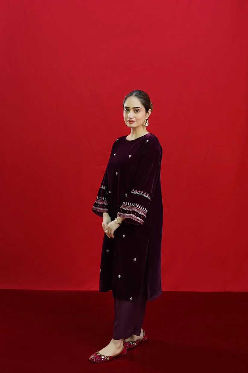 URGE-2PC VELVET EMBROIDERED SHIRT WITH VELEVT EMBROIDERED SLEEVES-D-19-MICROO-9000-W.J-1347