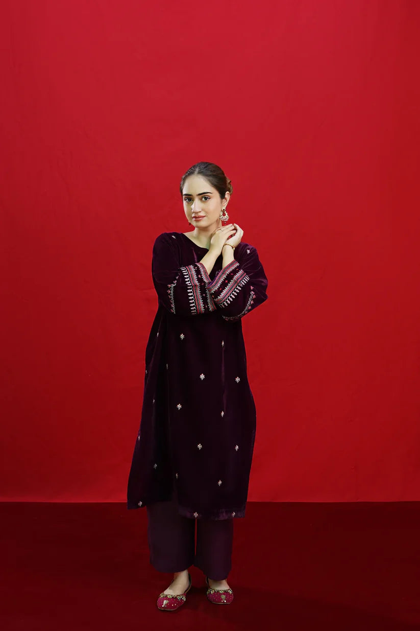 URGE-2PC VELVET EMBROIDERED SHIRT WITH VELEVT EMBROIDERED SLEEVES-D-19-MICROO-9000-W.J-1347