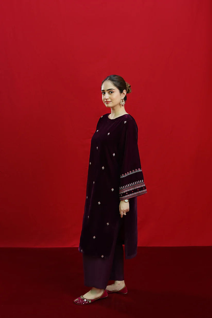 URGE-2PC VELVET EMBROIDERED SHIRT WITH VELEVT EMBROIDERED SLEEVES-D-19-MICROO-9000-W.J-1347