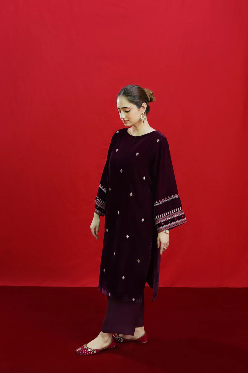 URGE-2PC VELVET EMBROIDERED SHIRT WITH VELEVT EMBROIDERED SLEEVES-D-19-MICROO-9000-W.J-1347