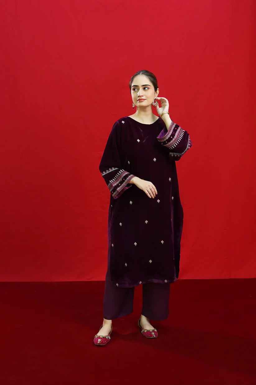 URGE-2PC VELVET EMBROIDERED SHIRT WITH VELEVT EMBROIDERED SLEEVES-D-19-MICROO-9000-W.J-1347