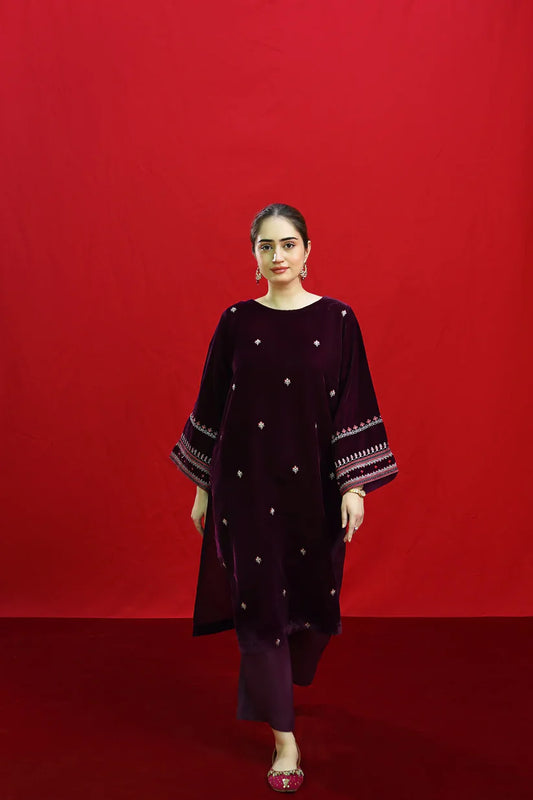 URGE-2PC VELVET EMBROIDERED SHIRT WITH VELEVT EMBROIDERED SLEEVES-D-19-MICROO-9000-W.J-1347